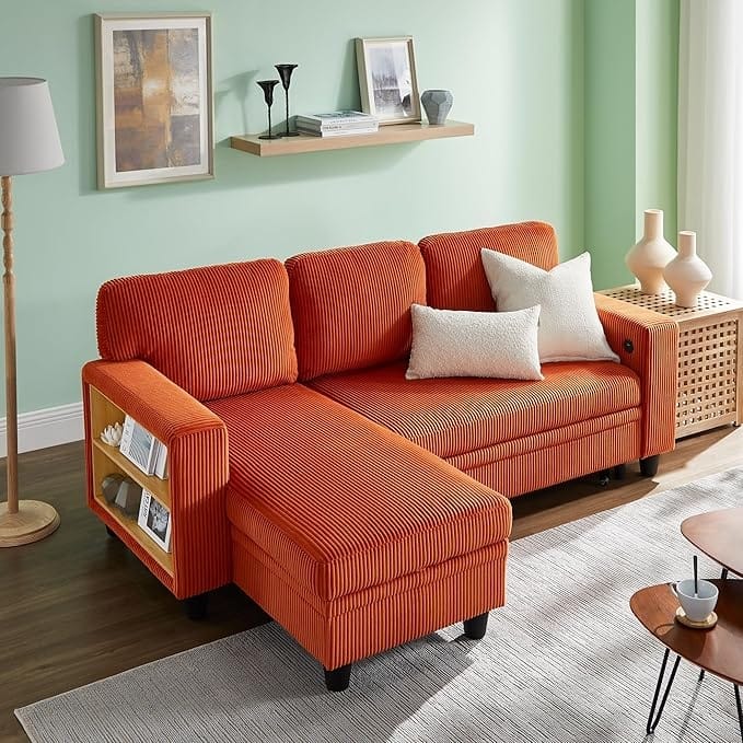 Modern Sleeper Sofa Bed, Couch Bed with Bookshelves & Charging Port - Caramel