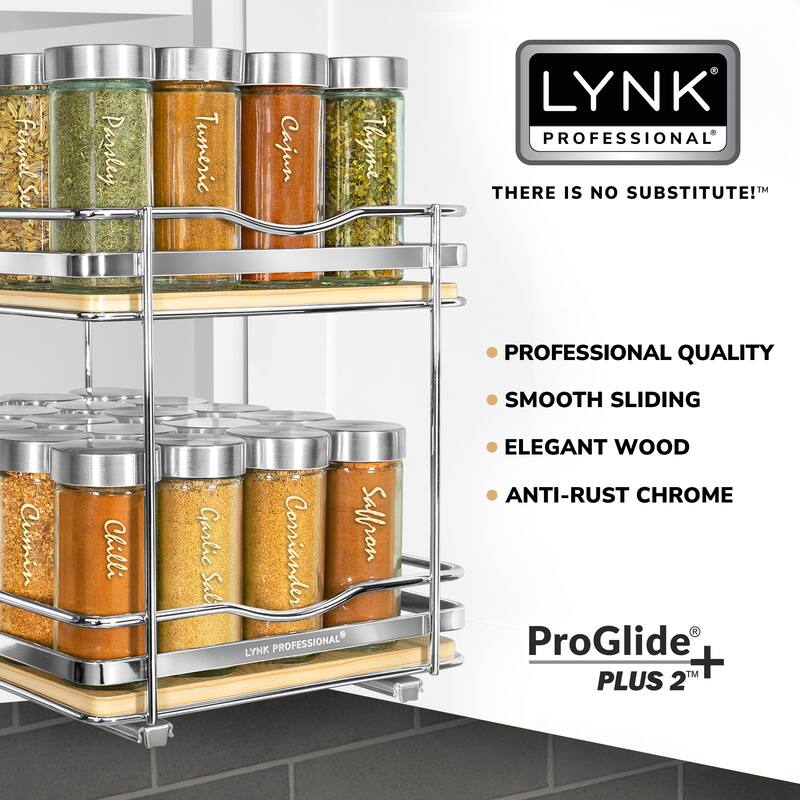 LYNK PROFESSIONAL® Élite™ Pull Out Spice Rack Organizer for Cabinet - 8-1/4 inch W - Lifetime Ltd Warranty, Wood- 2 Tier