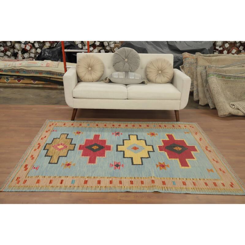 Hand Woven Oriental 100% Wool Carpet Southwestern Tribal Navy Blue & Blues Kilim Area Rug - 6' 6'' X 5' 2''