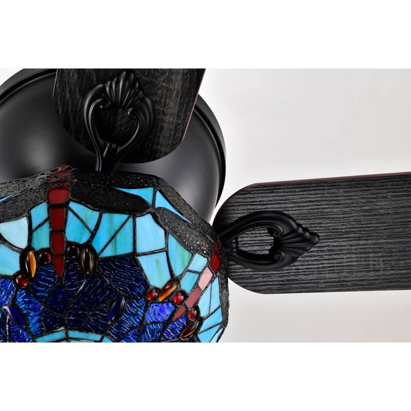 Pluvey 52-Inch Flushmount Lighted Ceiling Fan Blue Red Draginfly Tiffany Glass Lamp Black Finish