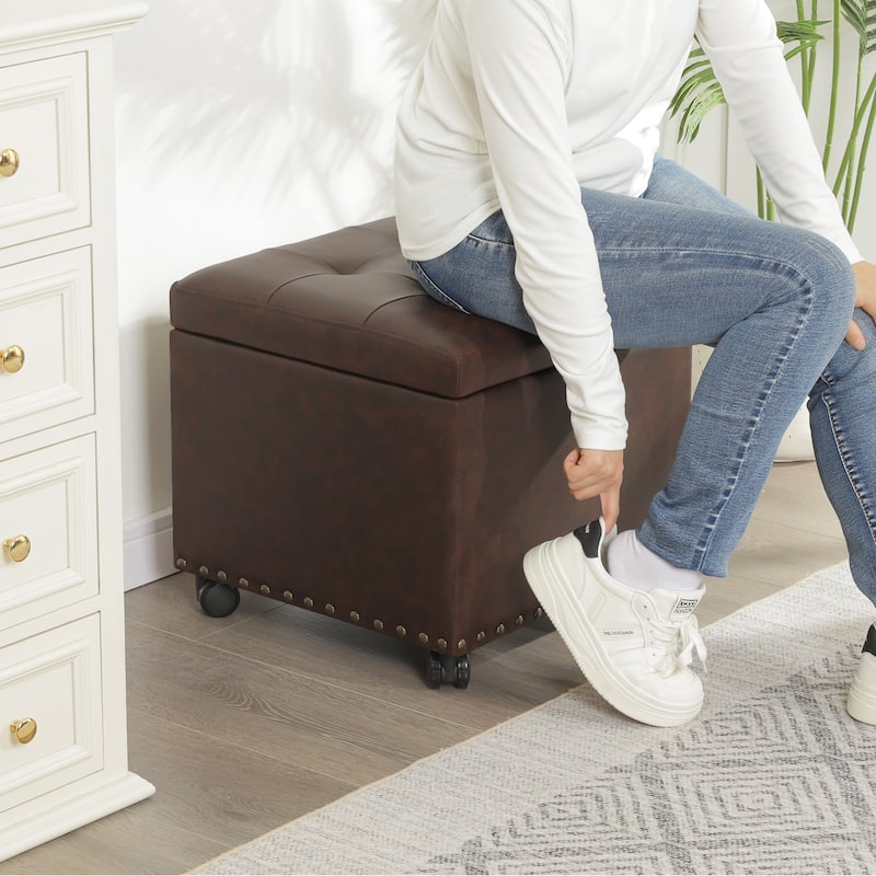 Adeco Bonded Leather Storage Ottoman Square Tufted Cube Footstool