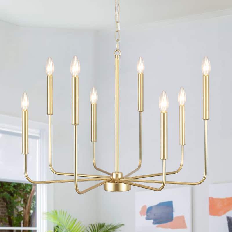 Farmhouse Chandelier, 8-Light Classic Candle Metal Chandelier for Dining Room Living Room Bedroom Kitchen - W26.96"x H34.44" - Spray Gold