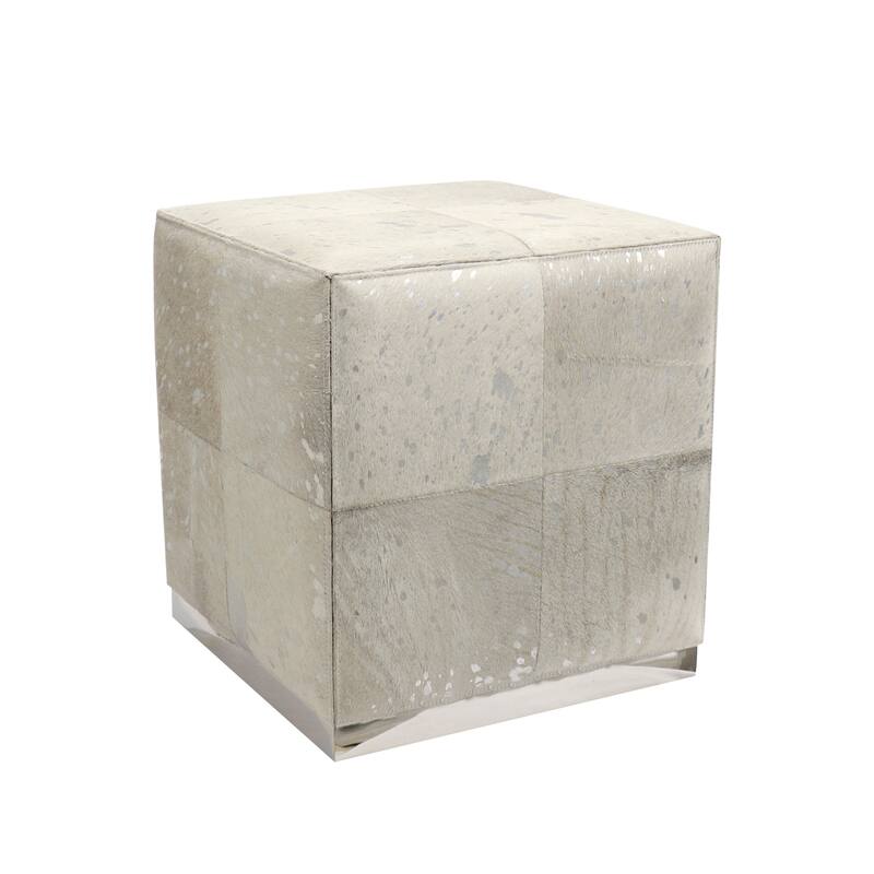 Pasargad Home Safari Cowhide Ottoman with Stainless Steel Base - Square 17" x 18"H - Silver