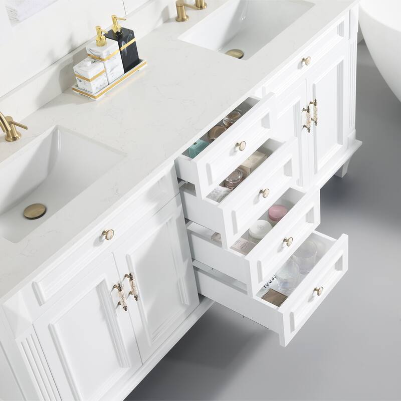 35'' H Solid Wood Bath Vanity with Stain-resistant Carrera White Quartz Top and Double Sink