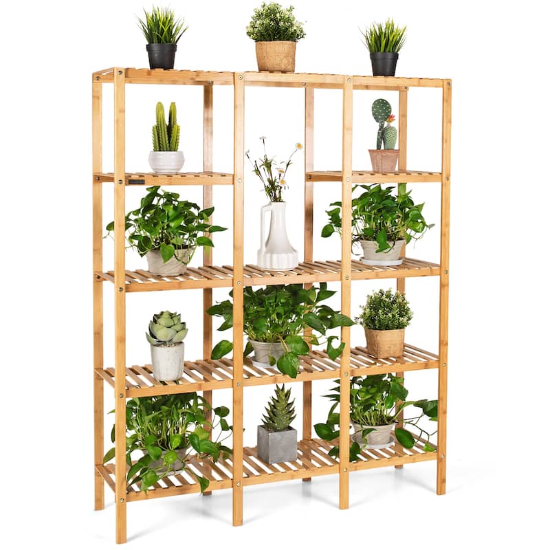 Costway Multifunctional Bamboo Shelf Flower Plant Stand Display - 45.5''L x 12.5'' W x 55.5'' H - 45.5''L x 12.5'' W x 55.5'' H - Natural