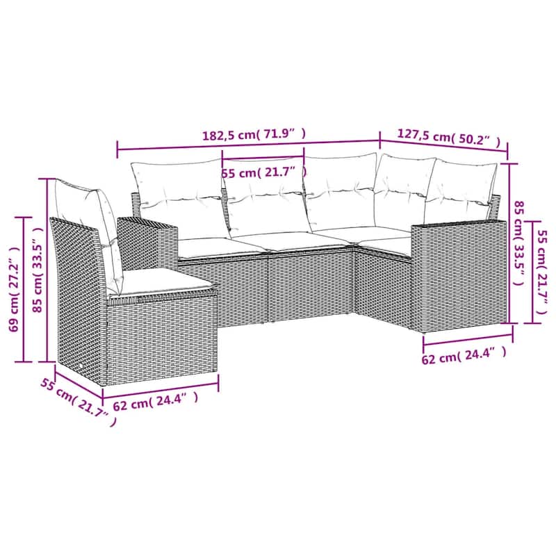 vidaXL Patio Sofa Set with Cushions Outdoor Conversation Furniture Poly Rattan - 25.8" x 24.4" x 27.2"