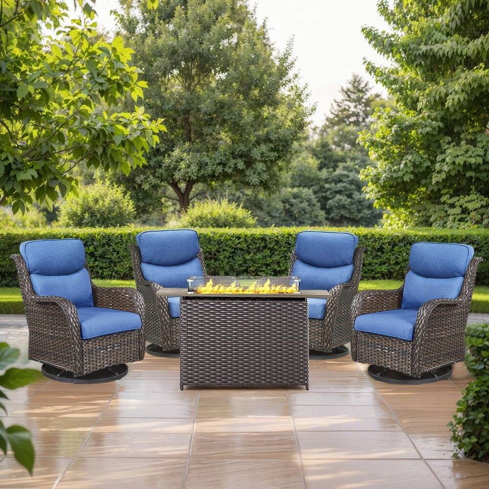 5 Pieces Outdoor Swivel Chairs Fire Pit Table with 5-Inch Thick Cushions