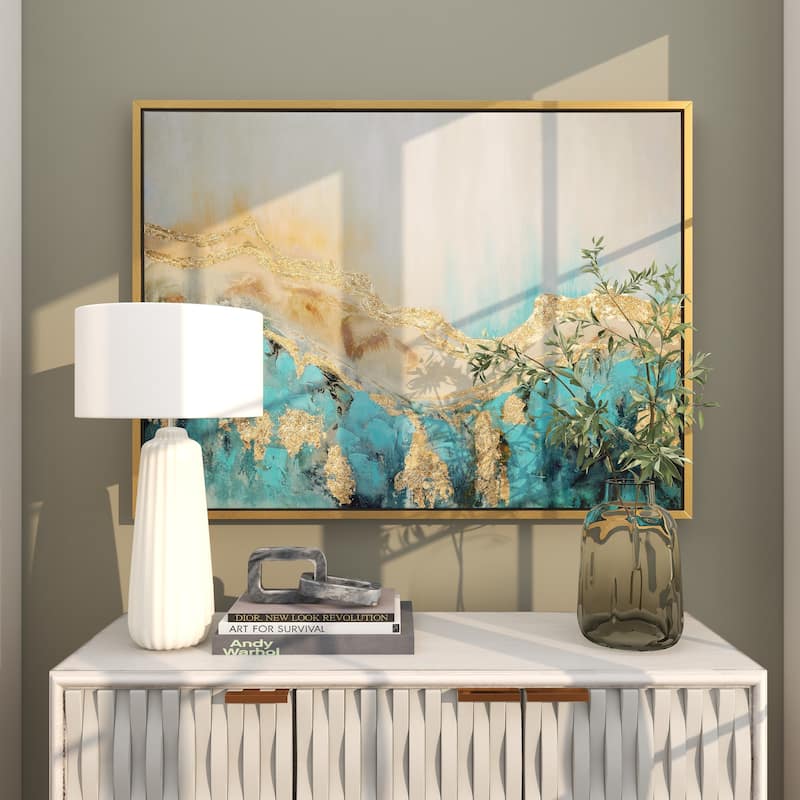 Canvas Abstract Wave Framed Wall Art with Gold Foil Accents - Blue - Roche River Decor