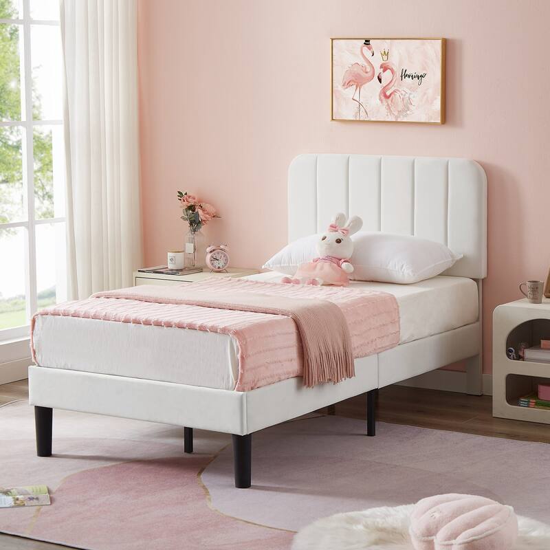 Kids Bed Frame, Height Adjustable Upholstered Bed, Twin Size Bed Set of 2