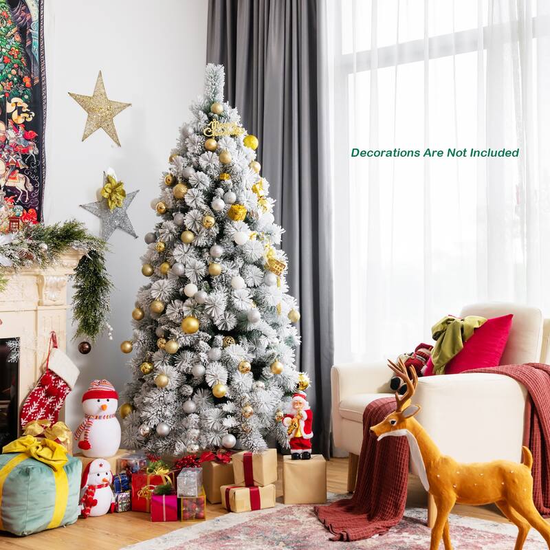 Costway 5ft/6ft/7ft Snow Flocked Hinged Artificial Slim Christmas Tree
