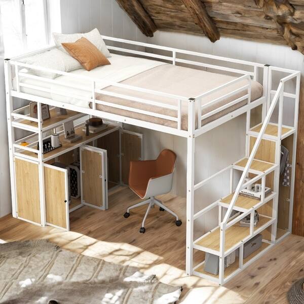 slide 2 of 30, Metal Full Size Loft Bed with Storage and Wardrobe and Lockers for Home White