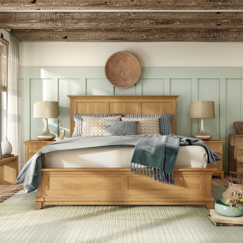 Furniture of America Wellington Farmhouse Natural Oak Solid Wood Panel Bed