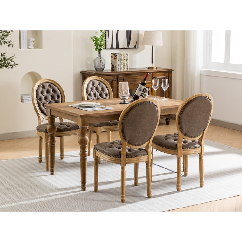 French Dining Chair Set of 2 Leather Upholstered Dining Chair Solid Wood Frame Oval Backrest Side Chair Without Arms