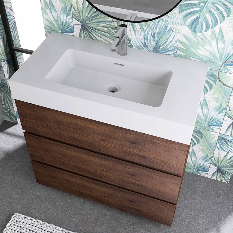 Freestanding Bathroom Vanity with White Solid Surface Top