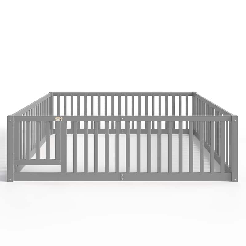 Montessori Floor Bed with Safety Guardrails & Door, Kids Low Profile Frame, Available in Queen/Full/Twin