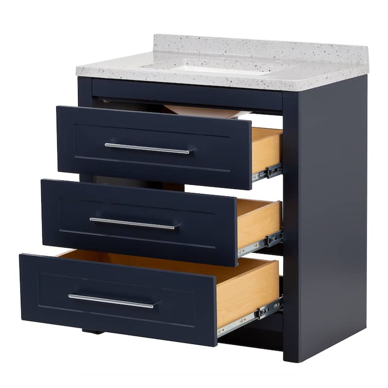 Spring Mill Cabinets Bainbridge 30.5" Blue Bathroom Vanity With 3 Drawers and Silver Ash Sink Top