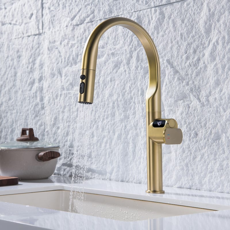 Kitchen Sink Faucet with Pull Down Sprayer, 18.46"H Commercial Kitchen Faucet for Sink, Solid Brass Digital Display