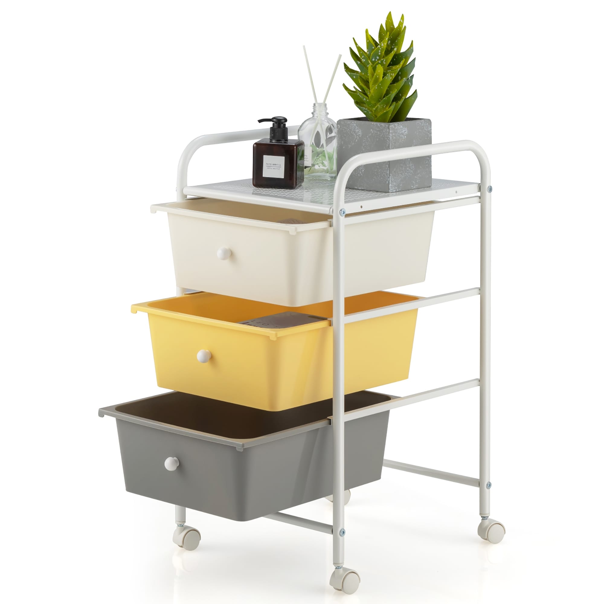 Kahomvis 3-Tier Metal Storage Rolling Utility Cart Heavy Duty Craft Cart with Wheels and Handle in White