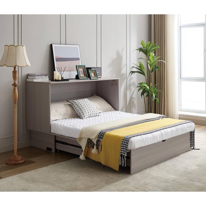 Queen Cabinet Bed with Storage, Folding Mattress, USB Ports, Space-Saving Design, Gray