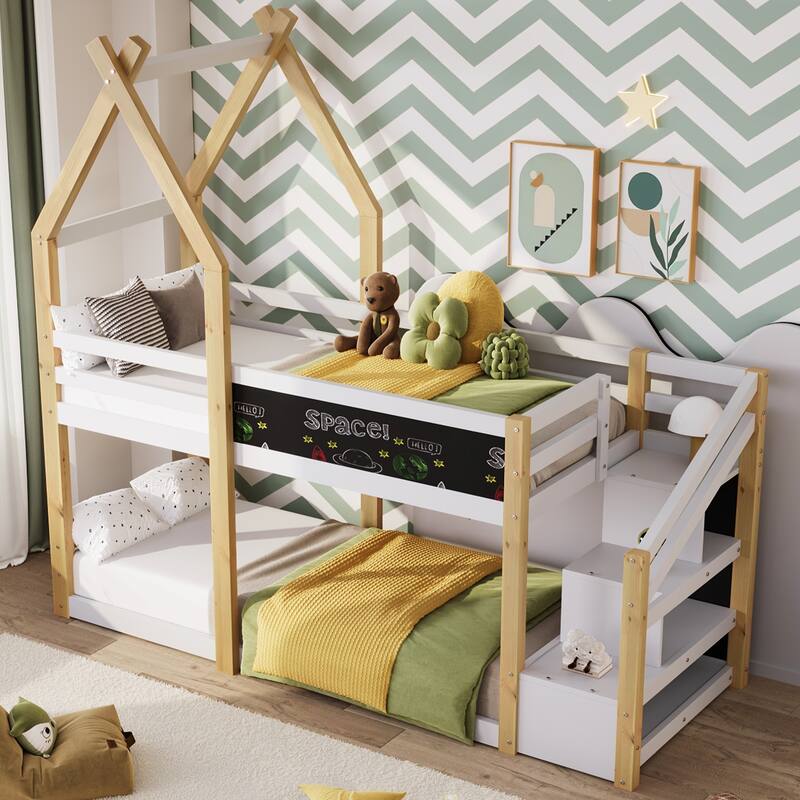 House Bunk Bed with Storage Staircase and Blackboard
