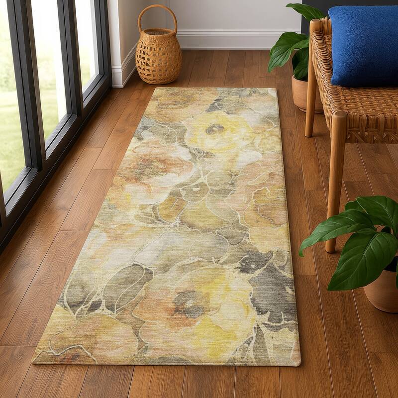 Premium Washable Super Soft Modern Floral Mayfield Rug - Gold - 2'3" x 7'6"
