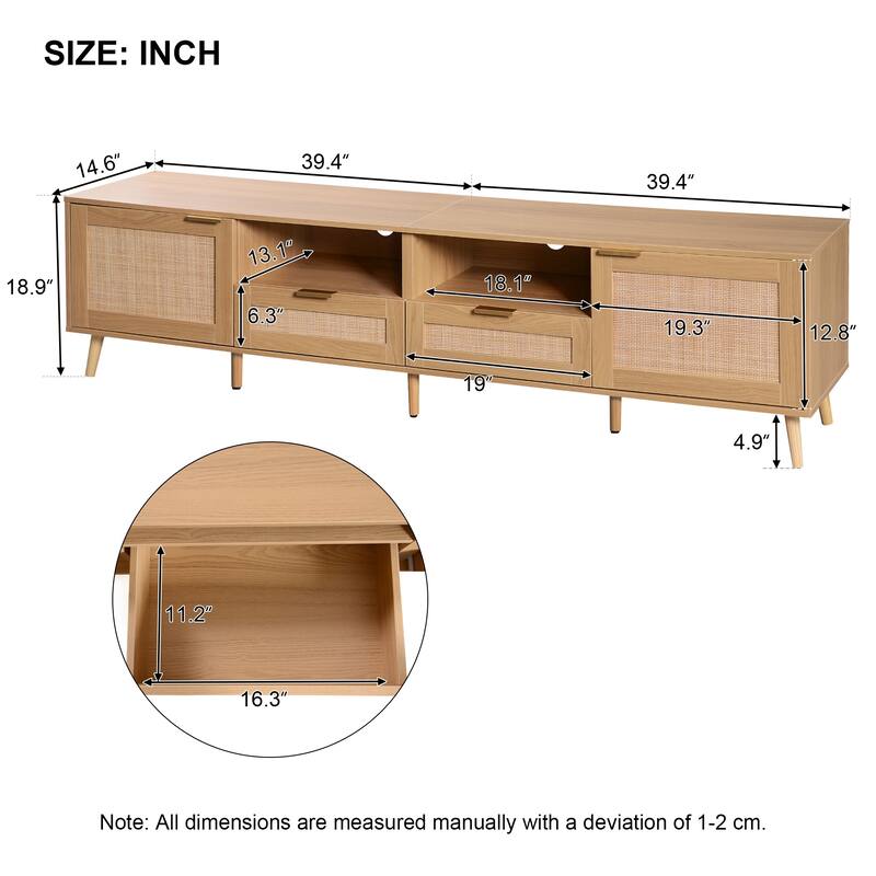 Rattan TV Stand for TVs up to 85", Boho Entertainment Center with 2 Storage, Solid Wood Feet, Vintage Console Table