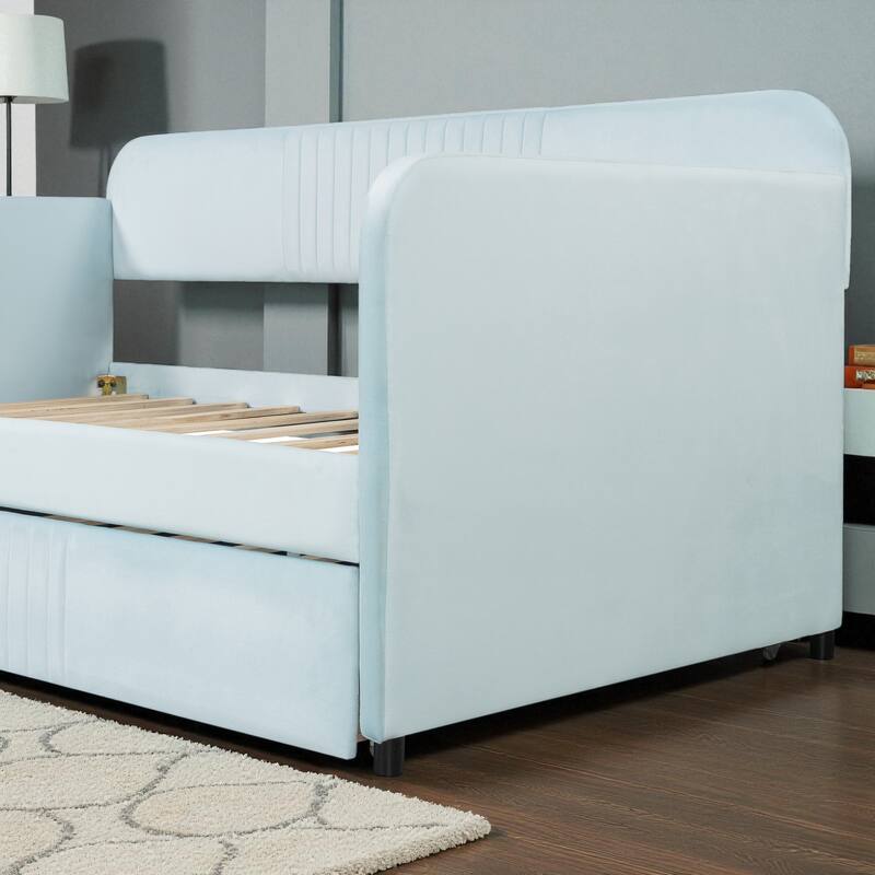 Twin Size Upholstered Daybed with Trundle, Velvet Sofa Bed with Wood Slats, Pull-Out Guest Bed for Bedroom or Living Room