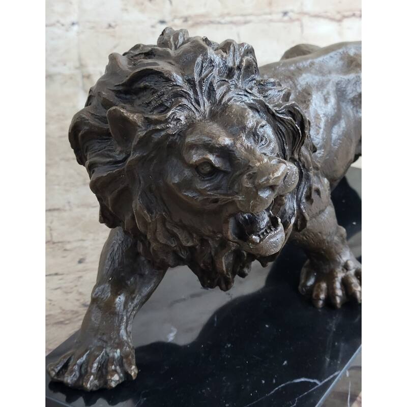 Bronze Sculpture Angry Hungry Male Lion Marble Base Figurine Art Deco Figure