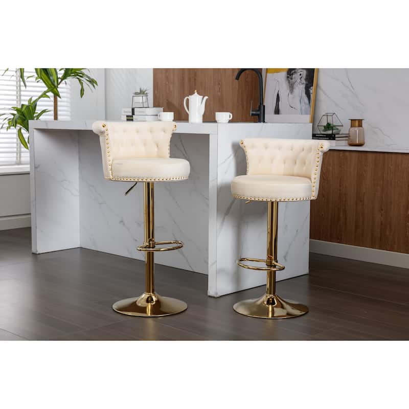 Velvet Upholstered Tufted Nailheads Swivel Adjustable Height Bar Stools With Golden Footrest(set of 2) - Beige