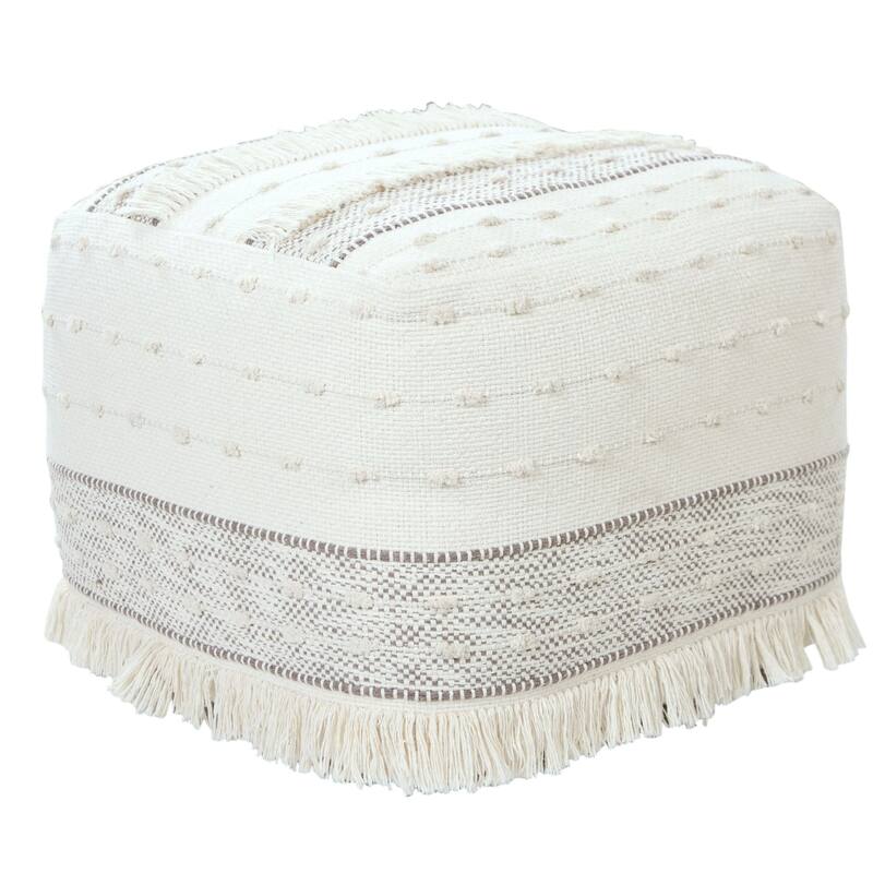 18" Beige and Brown Shag Textured Handcrafted Square Pouf Ottoman