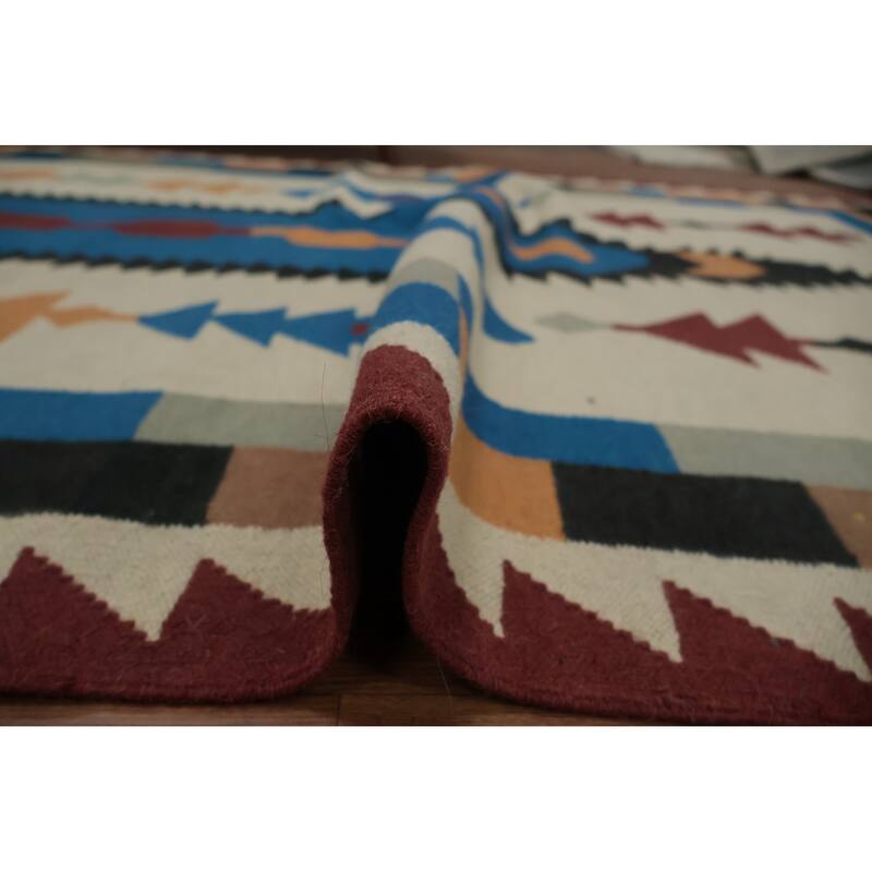 Hand Woven Oriental 100% Wool Carpet Southwestern Tribal Beige & Ivories Kilim Area Rug - 12' 3'' X 5' 5''