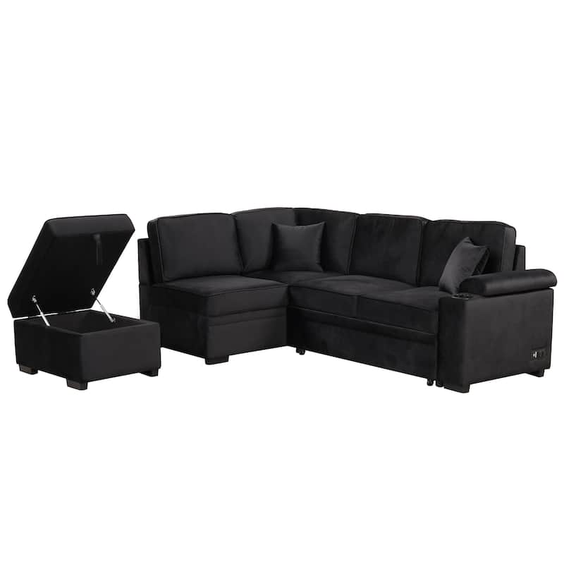 84.75'' L-Shaped 5 Seater Sectional Sleeper Sofa Bed with Storage Ottoman and Pull-Out Bed, Perfect for Living Room