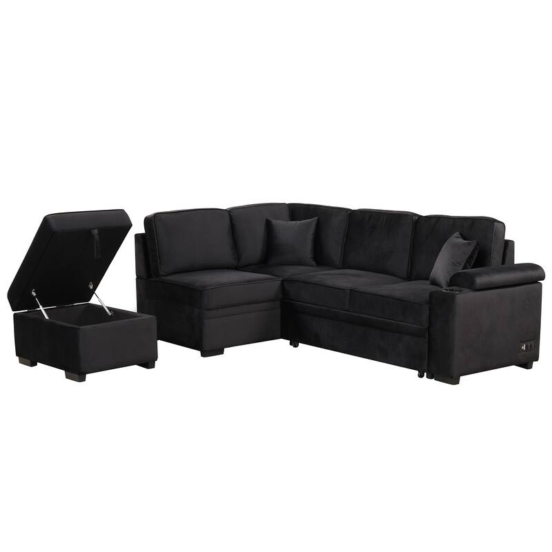 Sleeper Sofa Bed with Storage Ottoman, 2 in 1 Convertible Sectional Sofa Couch, Velvet 4-Seater Sofa with Cup Holder