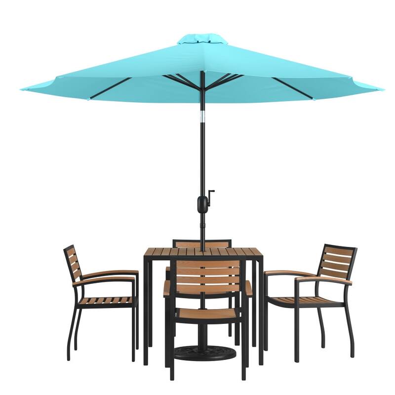 35" Square Faux Teak Patio Table, 4 Chairs and 9FT Patio Umbrella with Base