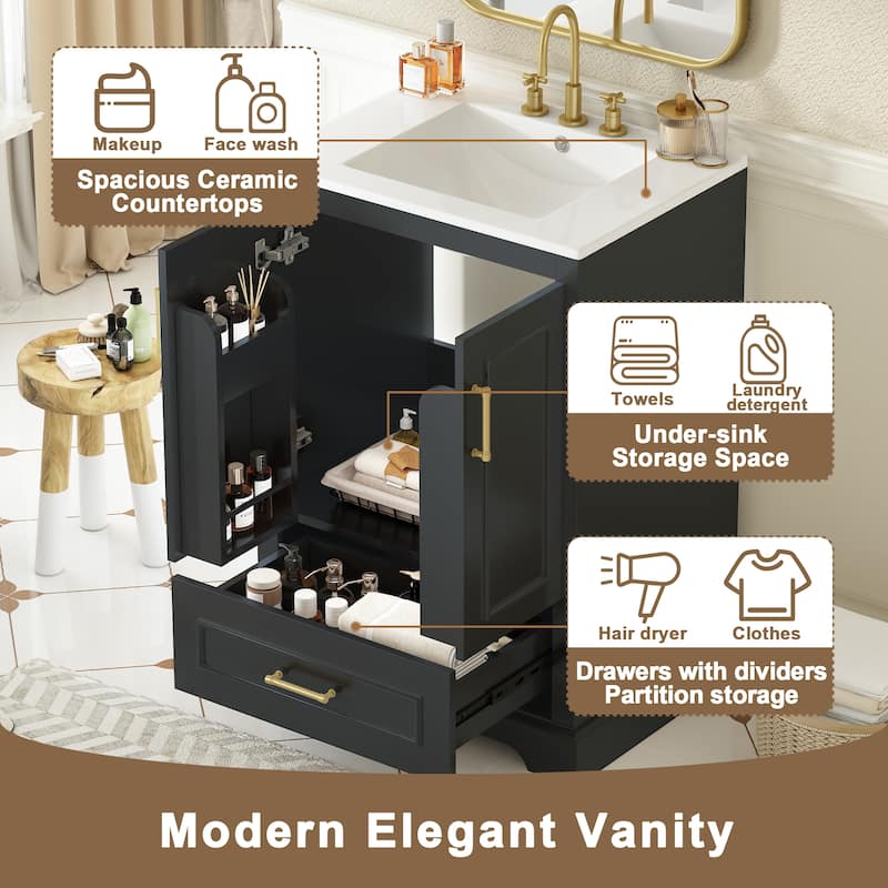 Compact Freestanding Vanity with Integrated Sink - MDF/Solid Wood Construction, Soft-Close Doors & Smart Storage