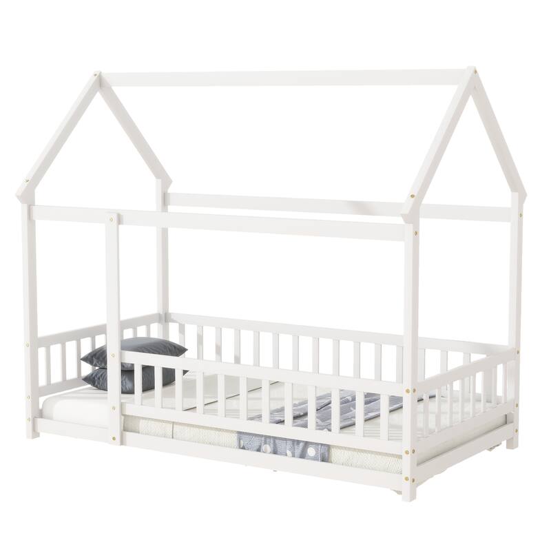 Twin Floor Bed with House Roof Frame, Safety Guardrails, and Fence Design