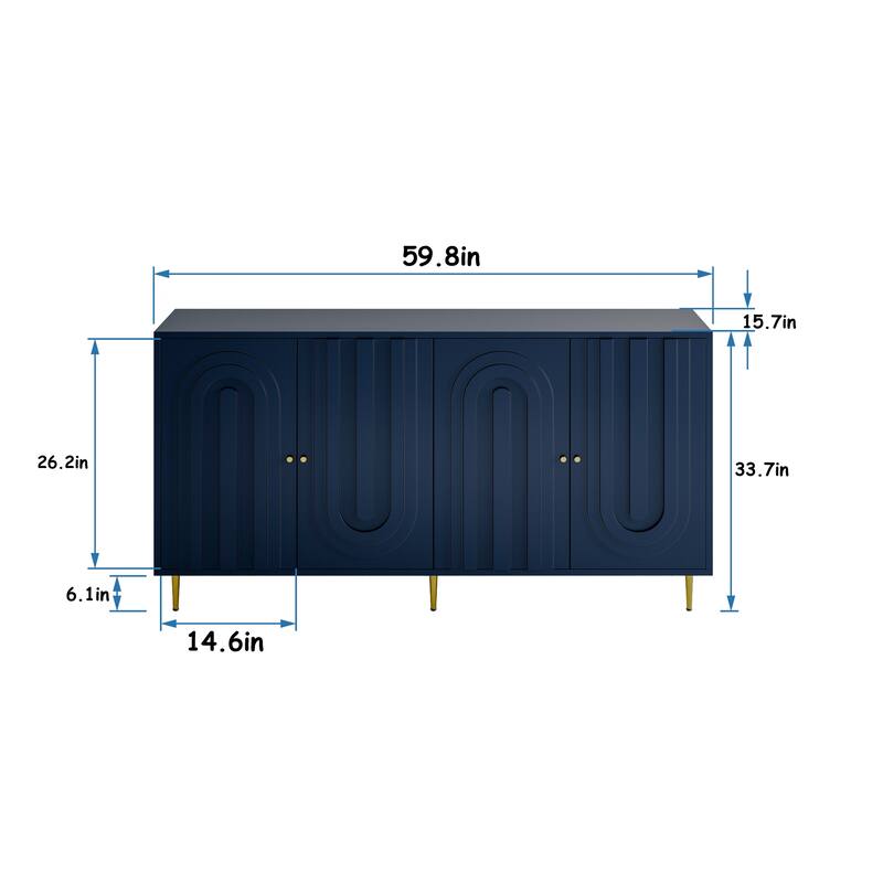 60" Modern Blue/ Grey Lacquered 4 Door Wooden Sideboard Buffet Server Accent Storage Cabinet