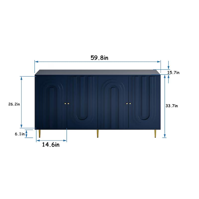60-in Modern Blue/ Grey Lacquered 4 Door Wooden Sideboard Buffet Server Accent Storage Cabinet