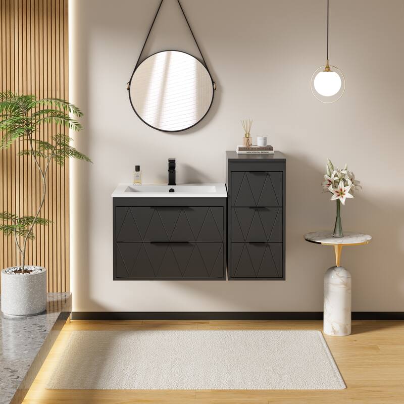 Bathroom Vanity Sink Combo Wall Mounted Cabinet Vanity Set with Side Cabinet - Black - 24 in