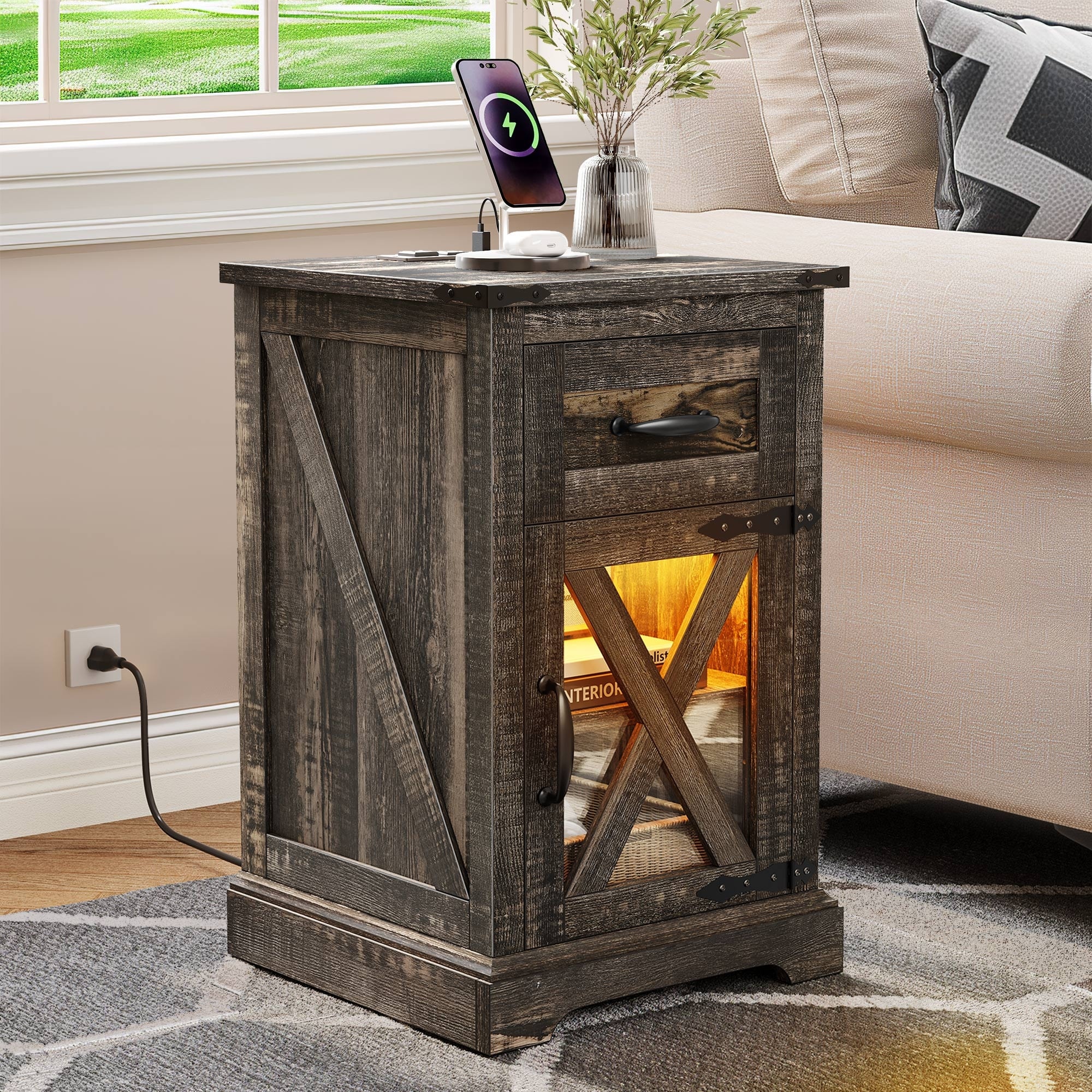 Moasis Farmhouse Side End Table Bedside Sofa Table with LED Lights 2 Power outlets 2 USB Ports On Sale Bed Bath Beyond 41504954
