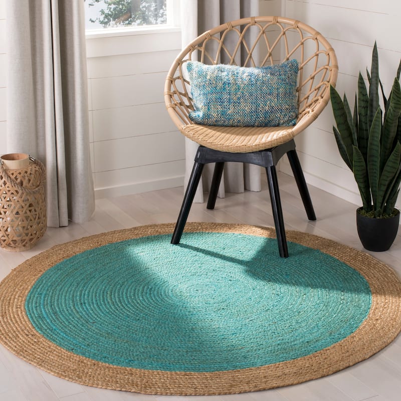 SAFAVIEH Handmade Natural Fiber Charlyne Bordered Round Jute Rug - 8' Round - Teal/Natural