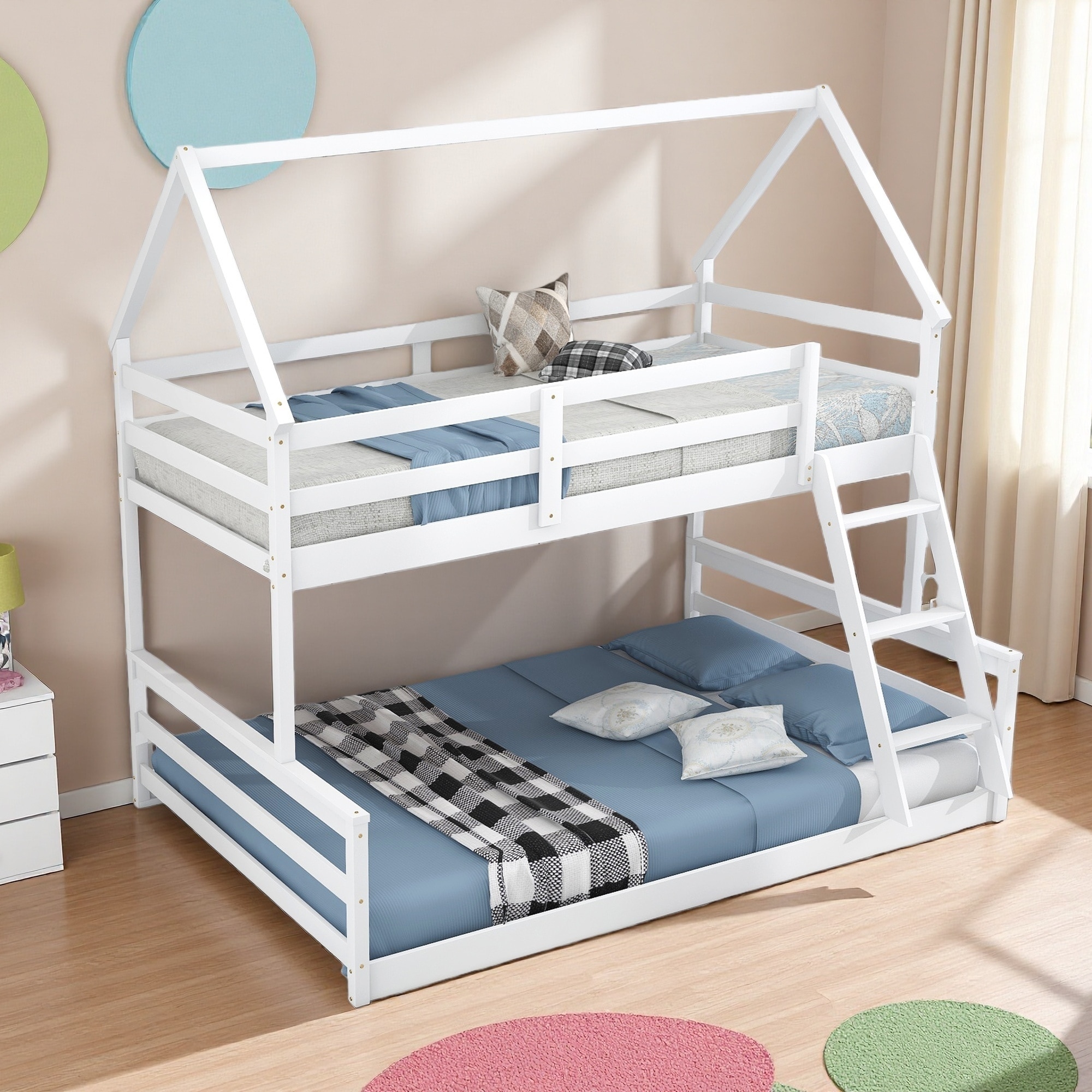 Twin over Full Pine Wood & MDF House Bunk Bed with Built-in Ladder, Convertible Design, Full-Length Guardrails, Space-Saving