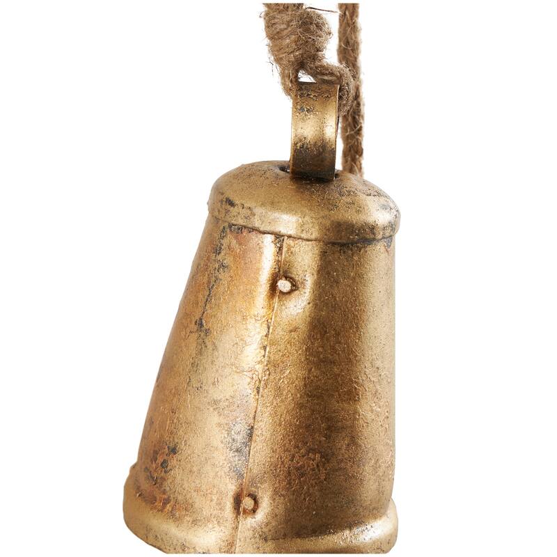 Gold Metal Tibetan Inspired Decorative Cow Bell with Jute Hanging Rope