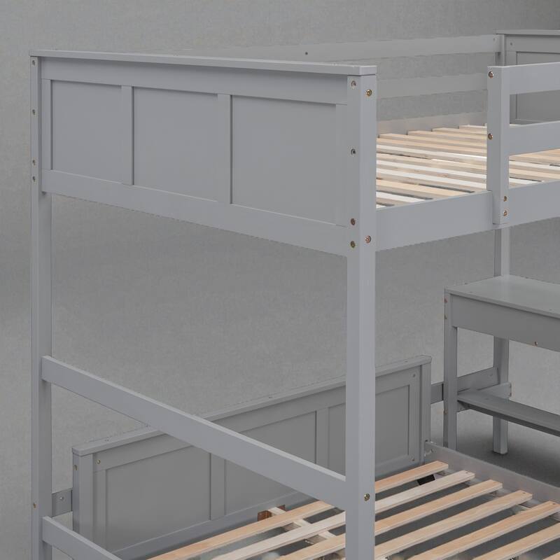 Twin Over Full / Full Over Full Bunk Bed with Built-in Desk and Storage Drawers, Solid Wood Frame