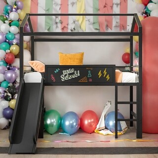 Twin Size Metal House Bed Loft Bed With Slide and Two-sided Writable Wooden Board,Solid Construction