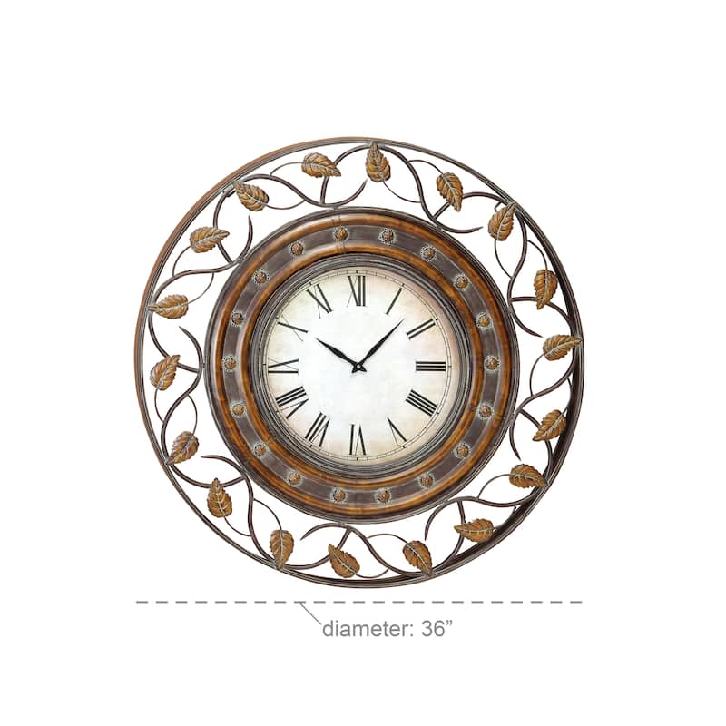 Metal Leaf Wall Clock with Scrolled Vines - Brown - Roche River Decor - 3"W x 36"L x 36"H