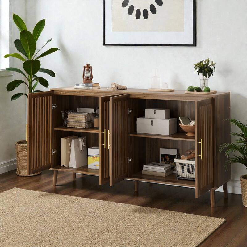 63 Inch Walnut Sideboard Buffet Cabinet with Storage, 4 Door Grille Design Accent Cabinet for Dining Room