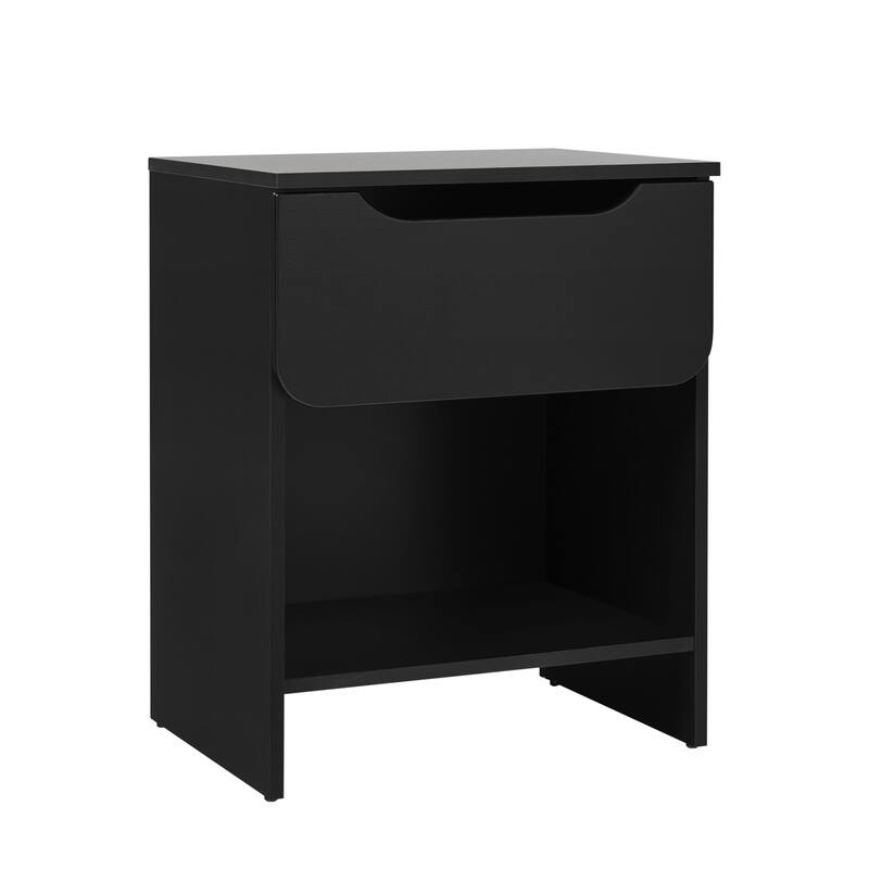 Modern Minimalist Black Nightstand with Single Drawer and Open Cubby - Black