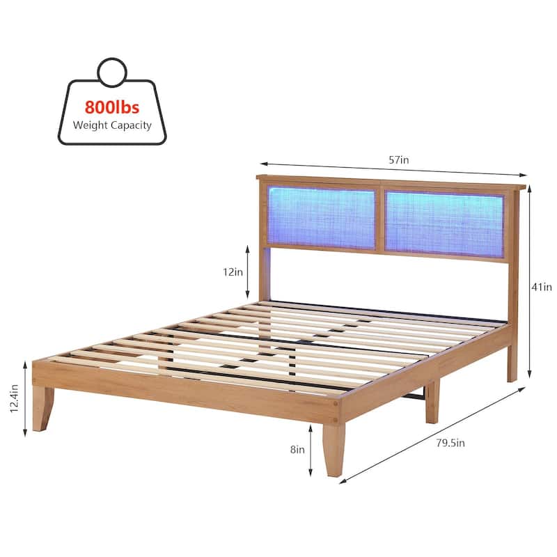 Bed Frame with Rattan Headboard and LED lights