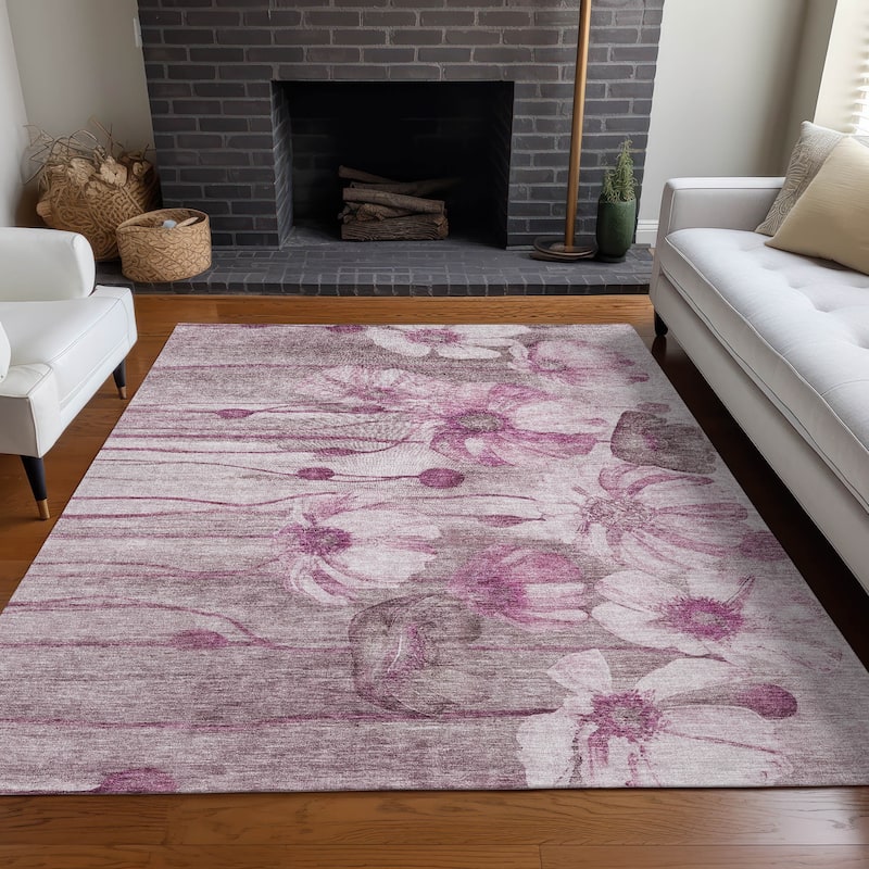 Machine Washable Indoor/ Outdoor Chantille Modern Floral Rug - Plum - 10' x 14'